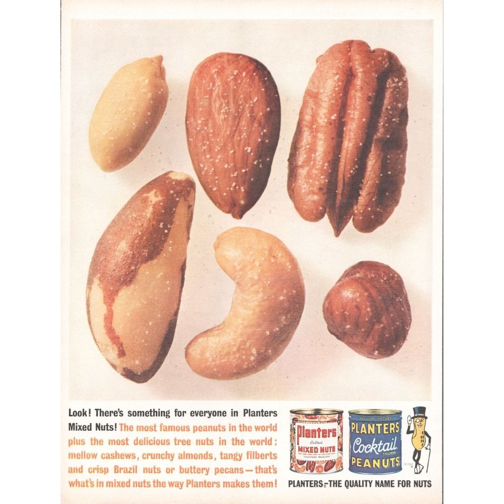 1961 Planters Mixed Nuts Snack Mix Vintage Print Ad Cocktail Party Mr. Peanut